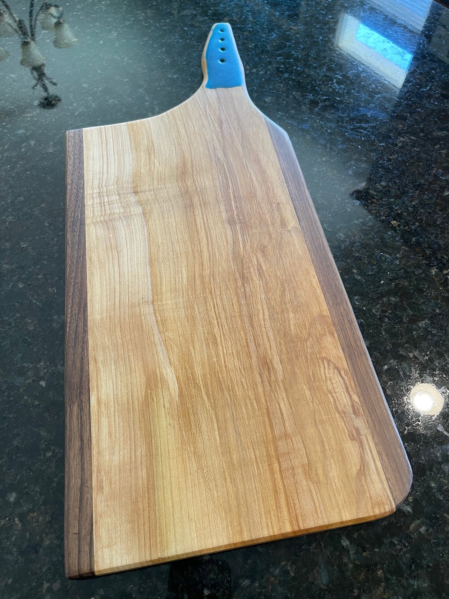 Butcher Knife Cherry and Walnut Charcuterie Board, blue epoxy, Cutting Board, Serving Tray, Handcrafted, Ready to Ship 026