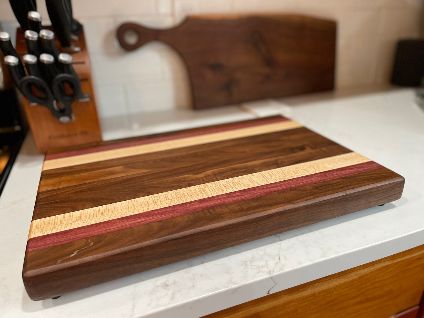 Walnut, Maple and Purple Heart Handcrafted Cutting Board, Butcher Block, Serving Tray, Charcuterie Board, Thick Cutting Board