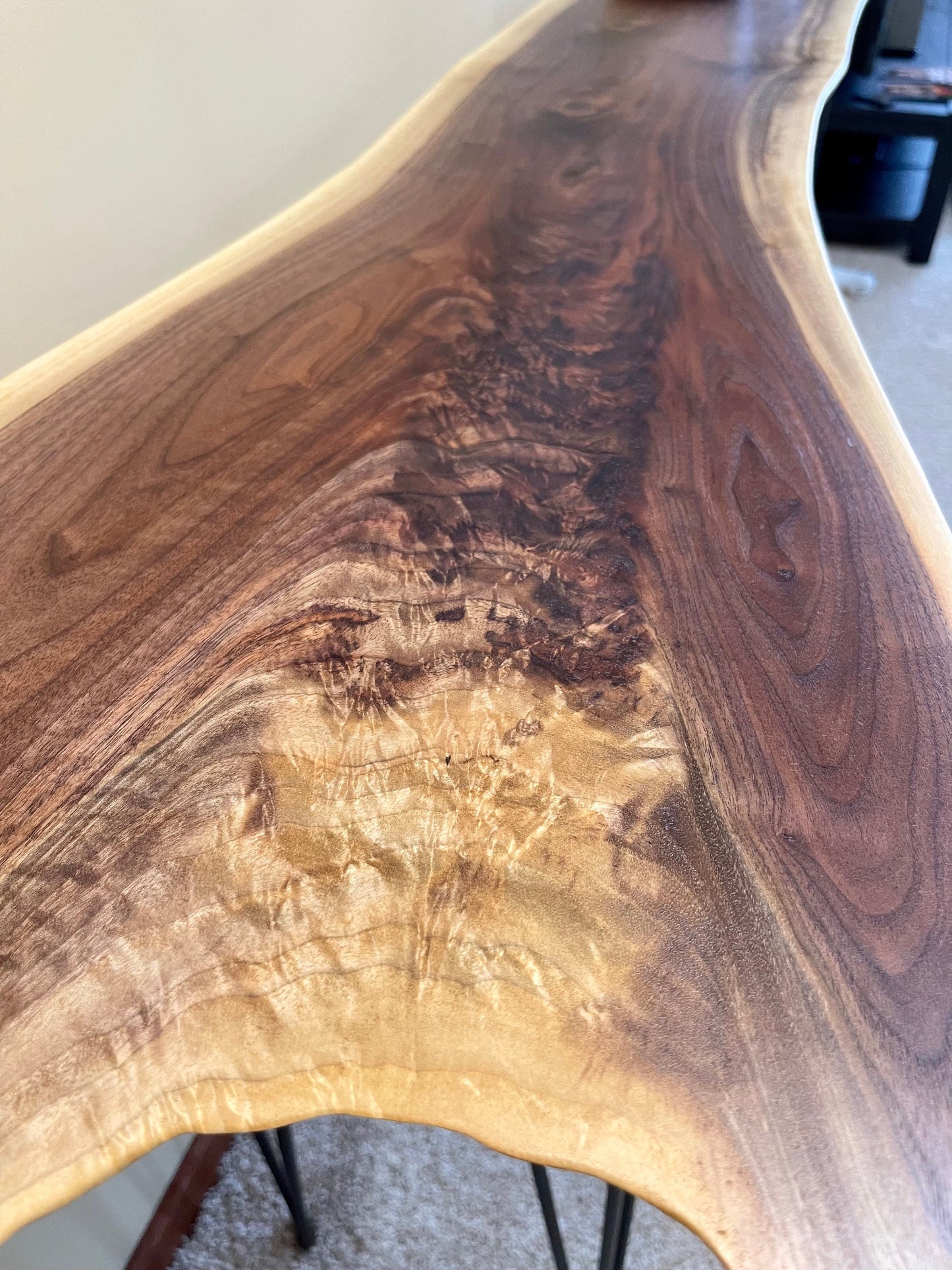 Crotch Figured Black Walnut Live Edge Console Table, Custom Homemade, Rustic, Mid Century Modern, Farmhouse - 032