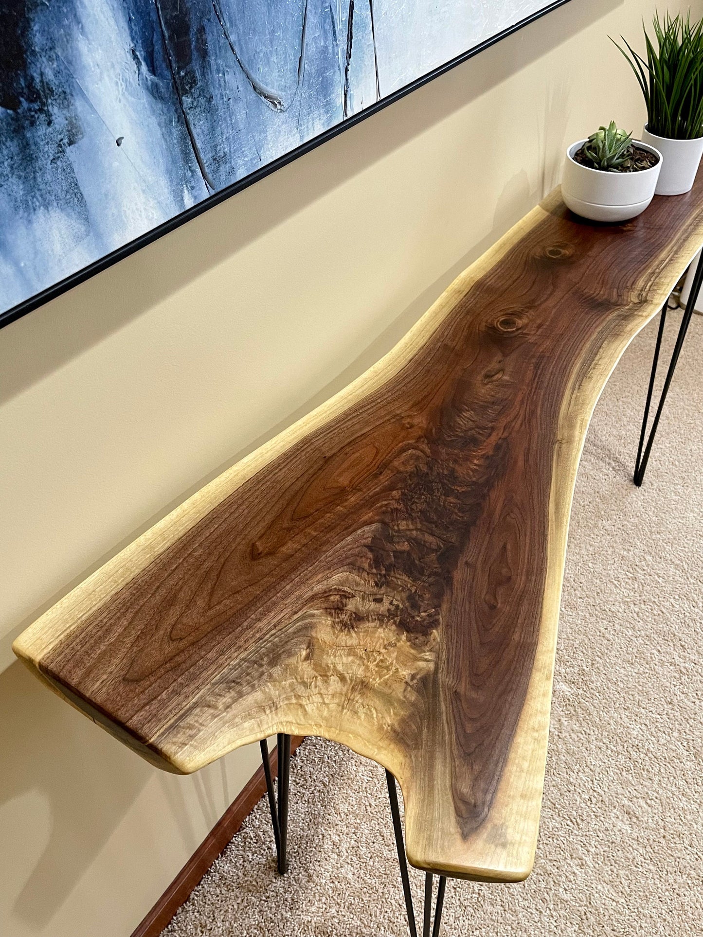 Crotch Figured Black Walnut Live Edge Console Table, Custom Homemade, Rustic, Mid Century Modern, Farmhouse - 032